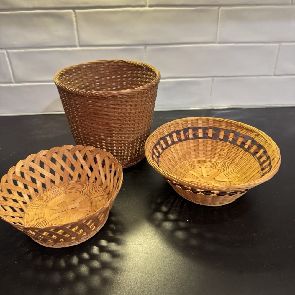 Three Vintage  Bamboo And Rattan Baskets‎ Cottage Core Farmhouse Decor